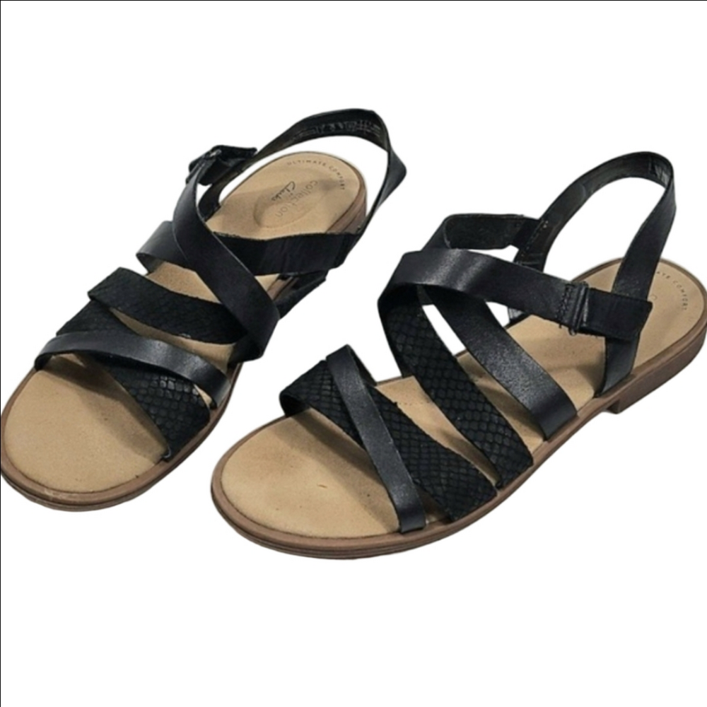 Clarks Declan Mix Black Leather & Croc Strappy Slingback Flat Comfort Sandal